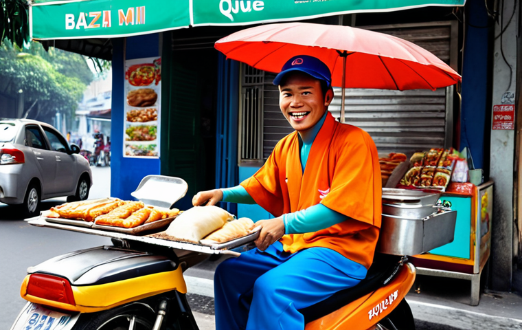 **
"Bazzi selling banh mi que on a Saigon street, KartRider style. Humorous scene, vibrant Vietnamese street food setting, Bazzi character in his KartRider attire."
**