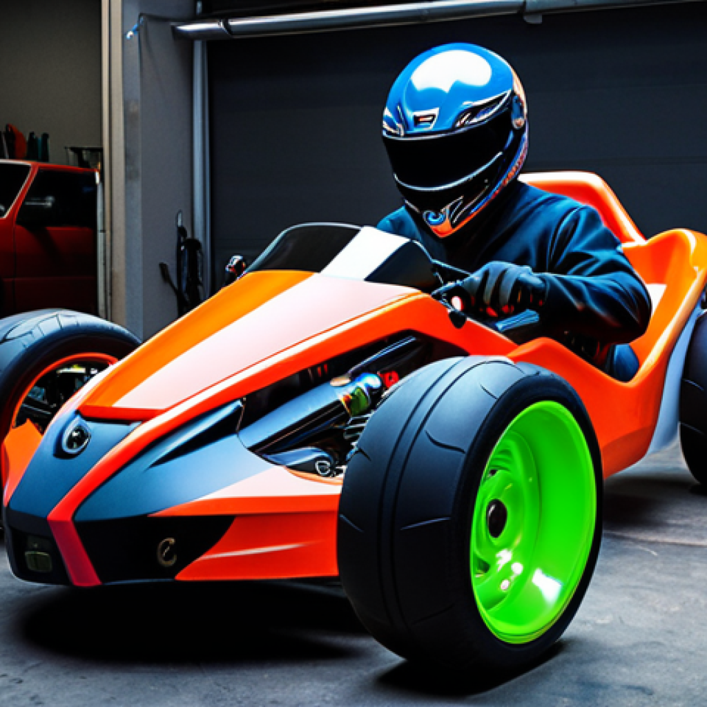 "Độ" Xe - Car Customization**

A vibrant, eye-catching scene of a customized KartRider vehicle. The car should have a unique paint job (maybe a cool decal or pattern), upgraded tires and engine visibly enhanced. The car is under bright lights, possibly in a garage or workshop setting, emphasizing the "tuning" aspect.  The overall feel is one of speed, personalization and "coolness."

**
