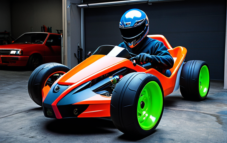 "Độ" Xe - Car Customization**
A vibrant, eye-catching scene of a customized KartRider vehicle. The car should have a unique paint job (maybe a cool decal or pattern), upgraded tires and engine visibly enhanced. The car is under bright lights, possibly in a garage or workshop setting, emphasizing the "tuning" aspect. The overall feel is one of speed, personalization and "coolness."
**