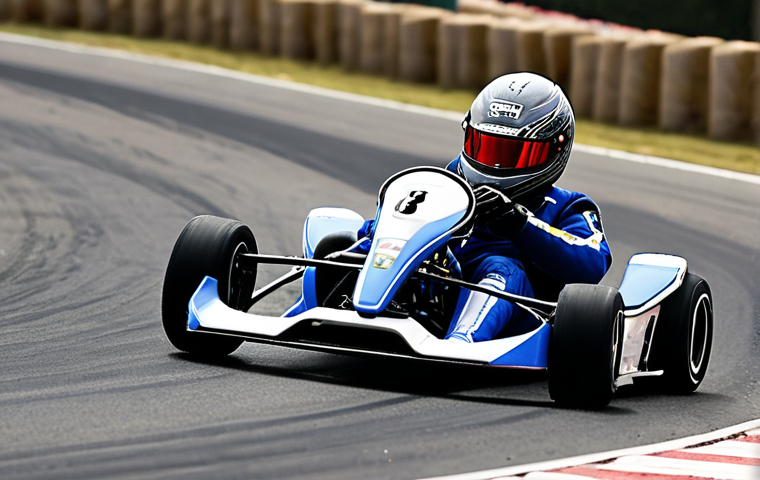 **A highly skilled KartRider player intensely focused on a race, drifting perfectly around a sharp corner on a complex, competitive track. Emphasize speed, precision, and determination.**