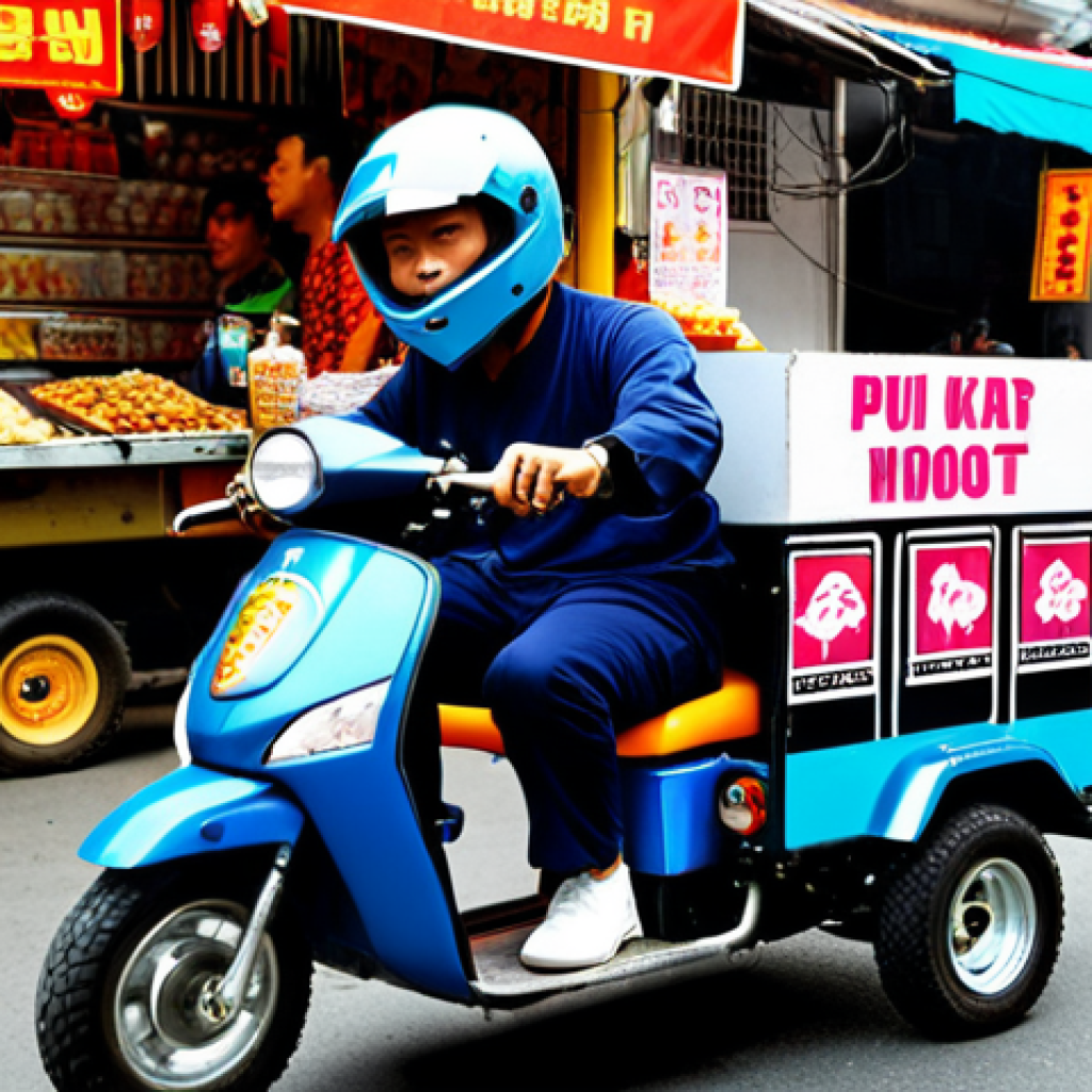 **A KartRider kart customized with vibrant colors and humorous stickers, parked in front of a bustling Hanoi street food market. The kart should have a funny slogan written on the side, reflecting Vietnamese humor.**