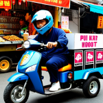 **A KartRider kart customized with vibrant colors and humorous stickers, parked in front of a bustling Hanoi street food market. The kart should have a funny slogan written on the side, reflecting Vietnamese humor.**