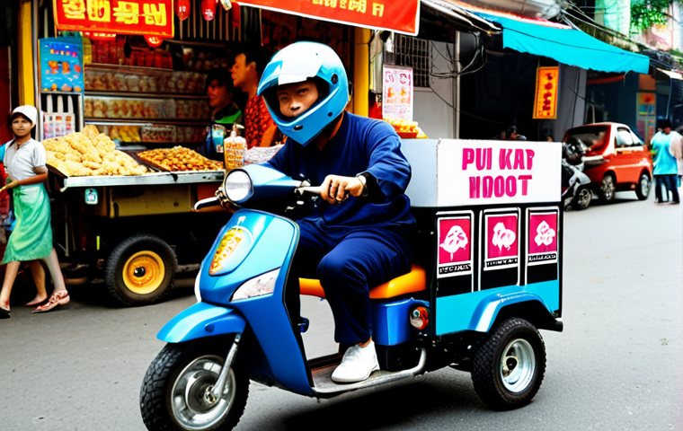 **A KartRider kart customized with vibrant colors and humorous stickers, parked in front of a bustling Hanoi street food market. The kart should have a funny slogan written on the side, reflecting Vietnamese humor.**
