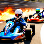 **Image Prompt:** A vibrant and dynamic scene of a KartRider Drift race on a winding track with several karts drifting around sharp corners, nitro flames bursting from behind. Focus on the action, speed, and colorful kart designs, reflecting the game's energy and competitive spirit.