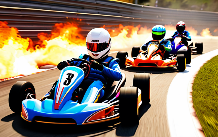 **Image Prompt:** A vibrant and dynamic scene of a KartRider Drift race on a winding track with several karts drifting around sharp corners, nitro flames bursting from behind. Focus on the action, speed, and colorful kart designs, reflecting the game's energy and competitive spirit.