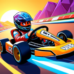 **Prompt:** A vibrant, cartoonish scene in the style of KartRider, depicting a new player's journey from novice to skilled racer thanks to game events. The image features a young, initially confused-looking racer in a basic kart on a colorful track. Around them, abstract glowing elements represent various events: a calendar for daily logins, gift boxes, and a school-like icon for learning. As the scene progresses, the racer gains confidence, their kart transforms into a cooler model, they execute a perfect drift, and icons of Ludi (in-game currency) and rare items shower down, symbolizing their accumulated rewards and skill improvement. The overall mood is empowering and optimistic, with bright colors and a dynamic composition.