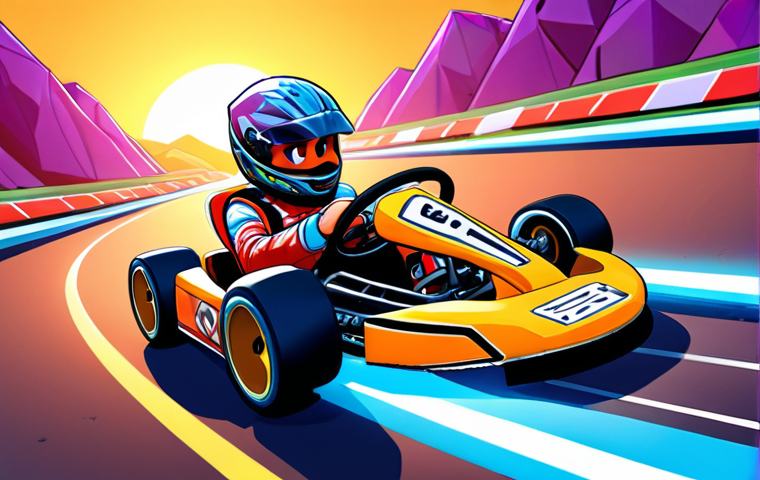 **Prompt:** A vibrant, cartoonish scene in the style of KartRider, depicting a new player's journey from novice to skilled racer thanks to game events. The image features a young, initially confused-looking racer in a basic kart on a colorful track. Around them, abstract glowing elements represent various events: a calendar for daily logins, gift boxes, and a school-like icon for learning. As the scene progresses, the racer gains confidence, their kart transforms into a cooler model, they execute a perfect drift, and icons of Ludi (in-game currency) and rare items shower down, symbolizing their accumulated rewards and skill improvement. The overall mood is empowering and optimistic, with bright colors and a dynamic composition.