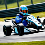 A professional KartRider racer, fully clothed in a sleek, modest racing suit with a helmet, expertly driving a vibrant go-kart on a dynamic, stylized race track. The track features elements reminiscent of sharp turns and an exciting, high-speed environment, with a focus on skill and precision. The scene is captured in a wide shot, emphasizing movement and the thrill of the race. Safe for work, appropriate content, perfect anatomy, correct proportions, natural pose, well-formed hands, proper finger count, natural body proportions, professional photography, high quality, family-friendly.