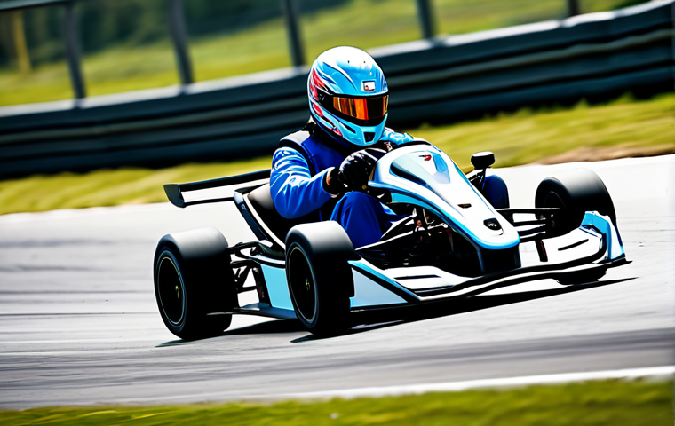 A professional KartRider racer, fully clothed in a sleek, modest racing suit with a helmet, expertly driving a vibrant go-kart on a dynamic, stylized race track. The track features elements reminiscent of sharp turns and an exciting, high-speed environment, with a focus on skill and precision. The scene is captured in a wide shot, emphasizing movement and the thrill of the race. Safe for work, appropriate content, perfect anatomy, correct proportions, natural pose, well-formed hands, proper finger count, natural body proportions, professional photography, high quality, family-friendly.