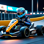 A professional KartRider racer, wearing a sleek, vibrant racing suit with subtle team logos and a full-face helmet, expertly navigating a futuristic, illuminated race track. The kart is custom-designed, speeding around a sharp turn, with dynamic motion blur indicating high velocity. The background features glowing digital billboards promoting an in-game event. The scene conveys intense focus and competitive spirit. The racer is fully clothed, modest clothing, appropriate attire, safe for work, family-friendly, perfect anatomy, correct proportions, natural pose, well-formed hands, proper finger count, natural body proportions, professional photography, cinematic lighting, high-quality, ultra-realistic.