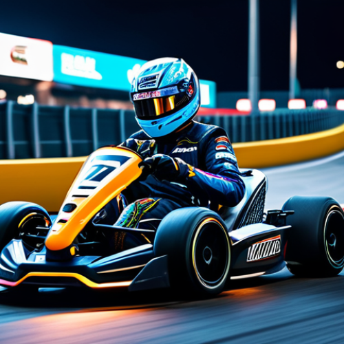 Home 9 A professional KartRider racer, wearing a sleek, vibrant racing suit with subtle team logos and a full-face helmet, expertly navigating a futuristic, illuminated race track. The kart is custom-designed, speeding around a sharp turn, with dynamic motion blur indicating high velocity. The background features glowing digital billboards promoting an in-game event. The scene conveys intense focus and competitive spirit. The racer is fully clothed, modest clothing, appropriate attire, safe for work, family-friendly, perfect anatomy, correct proportions, natural pose, well-formed hands, proper finger count, natural body proportions, professional photography, cinematic lighting, high-quality, ultra-realistic.