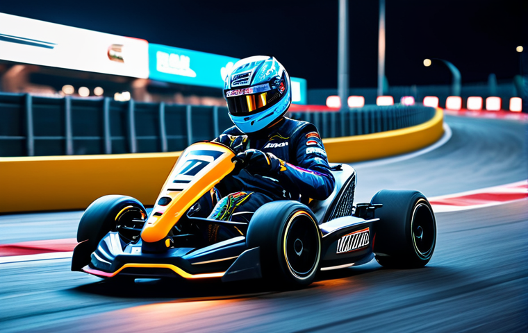 A professional KartRider racer, wearing a sleek, vibrant racing suit with subtle team logos and a full-face helmet, expertly navigating a futuristic, illuminated race track. The kart is custom-designed, speeding around a sharp turn, with dynamic motion blur indicating high velocity. The background features glowing digital billboards promoting an in-game event. The scene conveys intense focus and competitive spirit. The racer is fully clothed, modest clothing, appropriate attire, safe for work, family-friendly, perfect anatomy, correct proportions, natural pose, well-formed hands, proper finger count, natural body proportions, professional photography, cinematic lighting, high-quality, ultra-realistic.